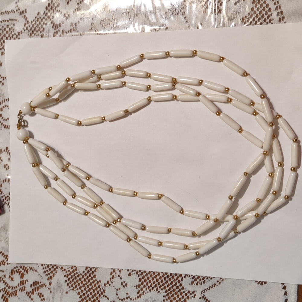 Vintage 70s White Rod Gold Beaded Multistrand Statement Necklace